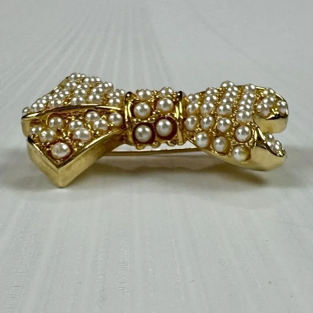 Vintage Faux Pearl Bow Brooch Gold Tone Coquette Ribbon Statement Pin Gift
